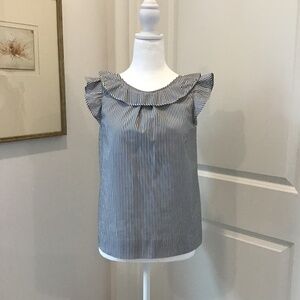 NWOT J Crew SZ 2P Sleeveless‎ Gray & White Stripe Scoop Back Ruffle Neck Top